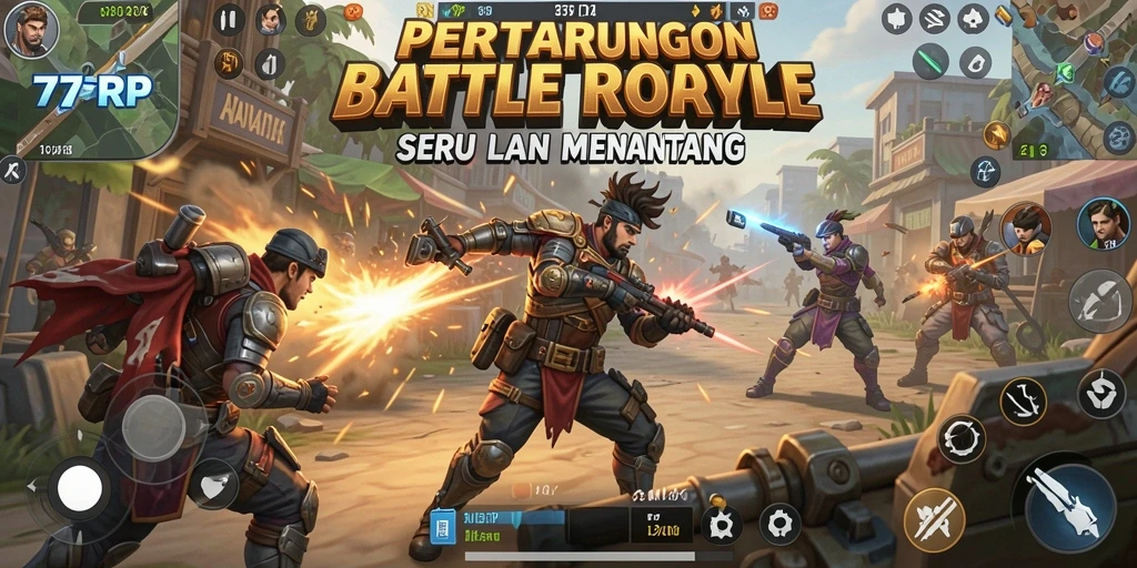Screenshot gameplay <strong>77RP</strong> menampilkan pertempuran seru di arena Battle Royale.