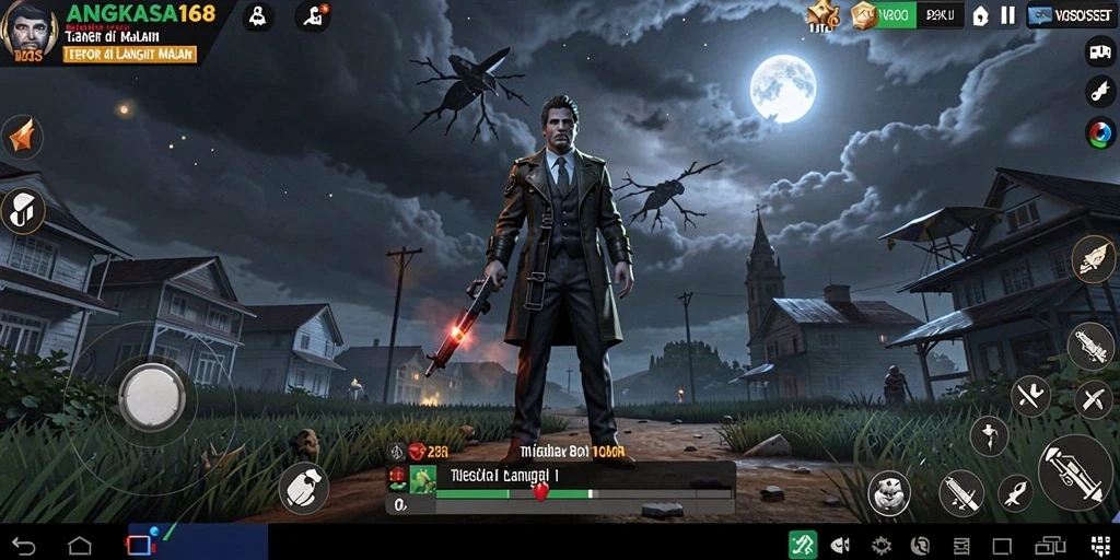 Screenshot gameplay ANGKASA168 menunjukkan suasana tegang dan menakutkan.