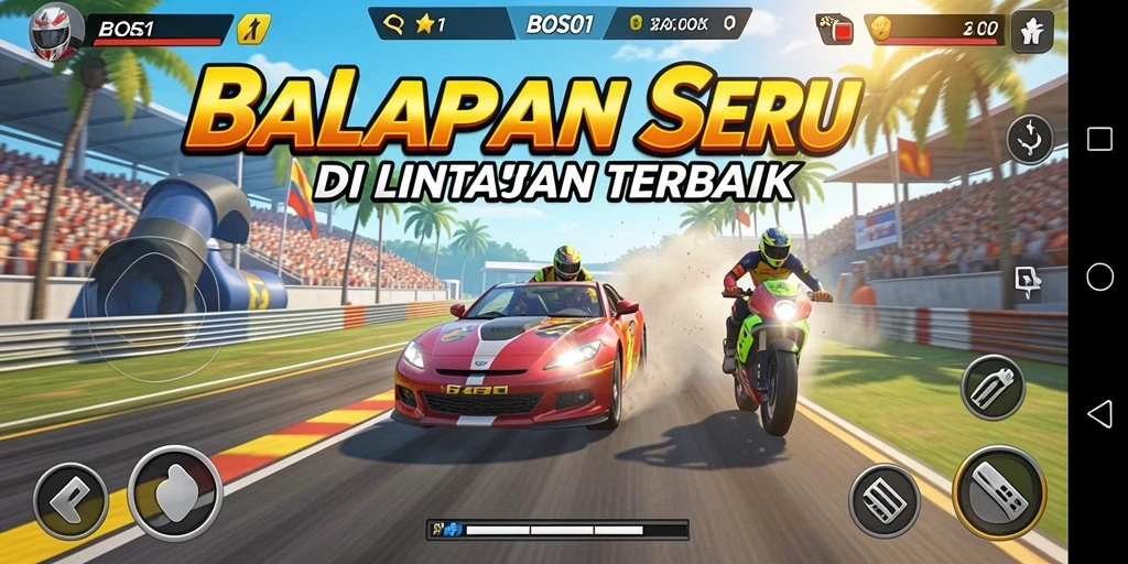 Tampilan gameplay seru di lintasan balapan.