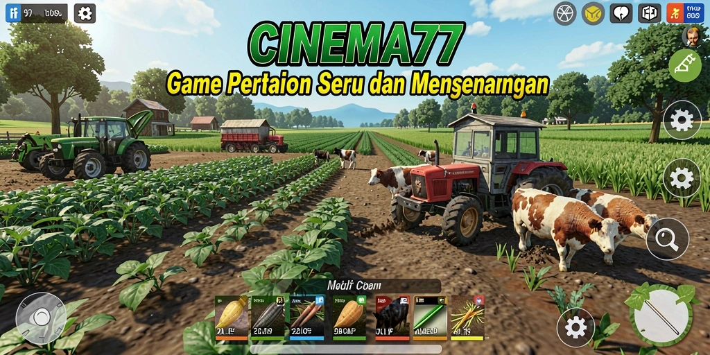 Screenshot CINEMA77 menampilkan pemain sedang mengelola ladang mereka.