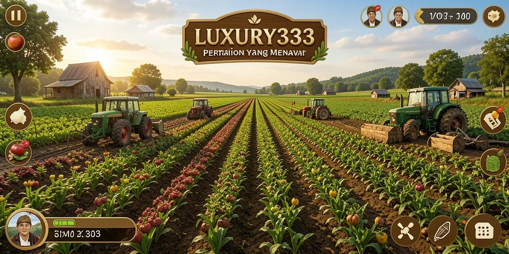 Gameplay LUXURY333 yang menampilkan ladang dan aktivitas pertanian.