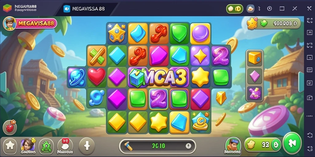 Screenshot utama MEGAVISA88 menampilkan gameplay Match-3 yang seru.