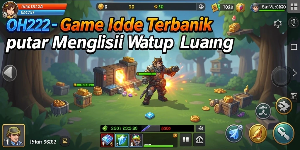 Screenshot utama OH222 menampilkan karakter yang sedang mengumpulkan sumber daya dalam permainan Idle.