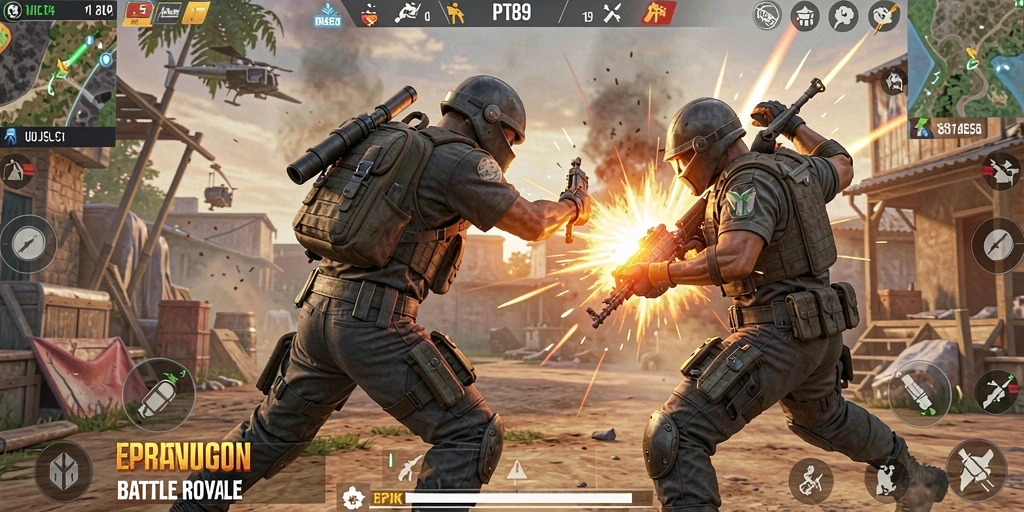 Screenshot utama PT89 menampilkan aksi seru dalam pertarungan Battle Royale.