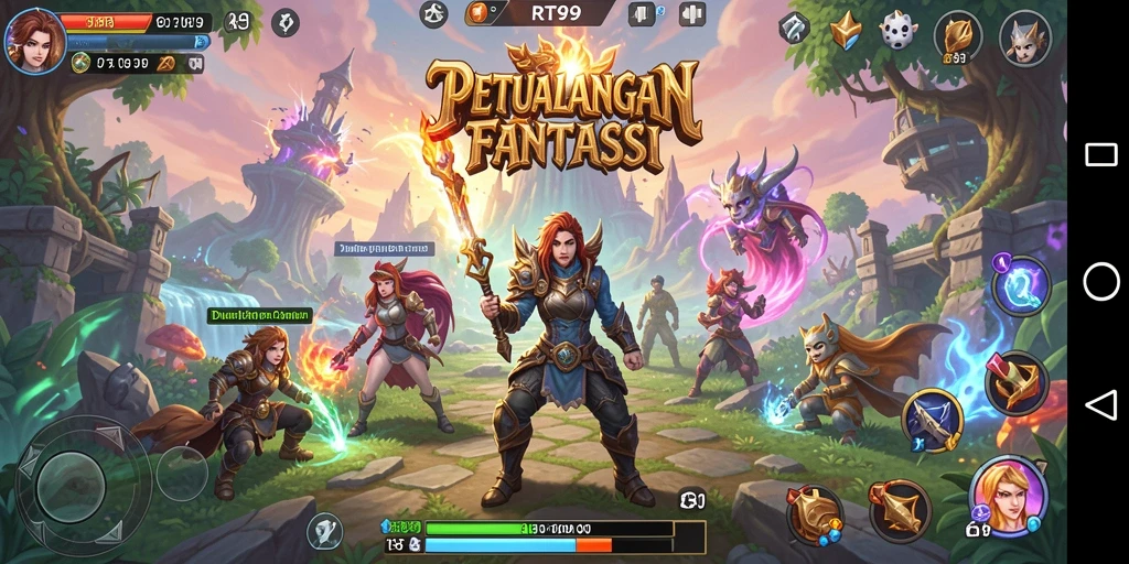 Screenshot utama RT99 menampilkan pertarungan seru karakter dalam dunia fantasi.