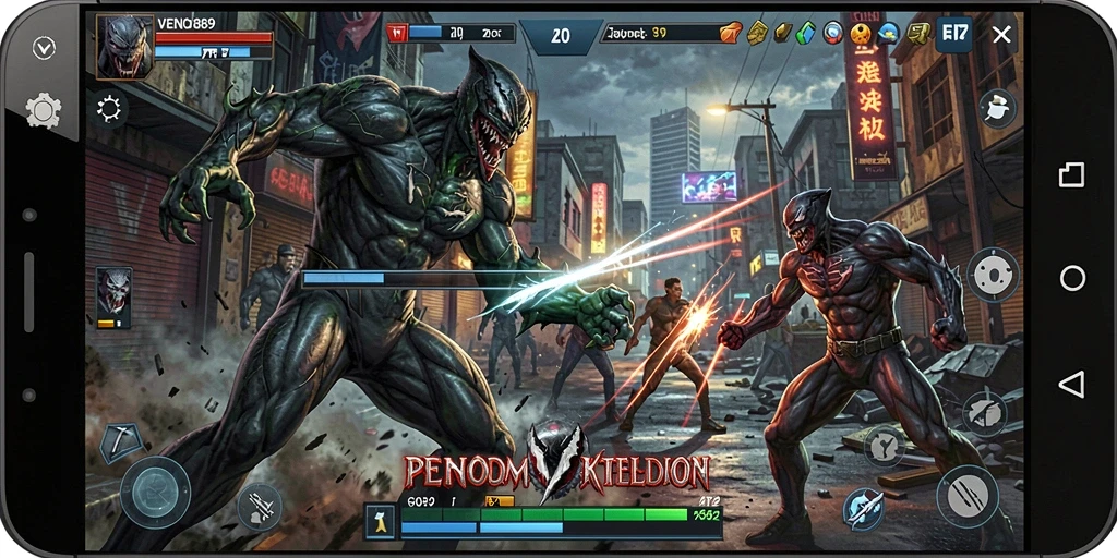 Screenshot gameplay dari pertarungan mendebarkan di VENOM889.