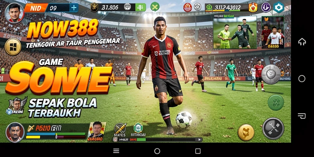 Tampilan gameplay menarik di lapangan sepak bola dengan aksi dinamis.